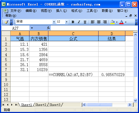 Excel中使用CORREL函数