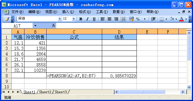 Excel中使用PEARSON函数