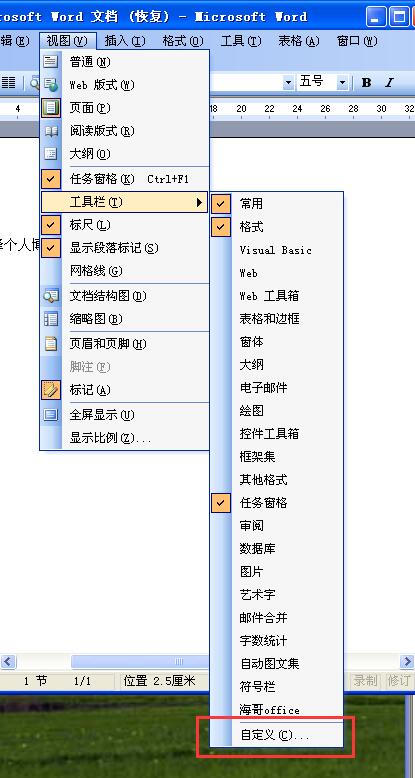 Word视图自顶一下的工具栏